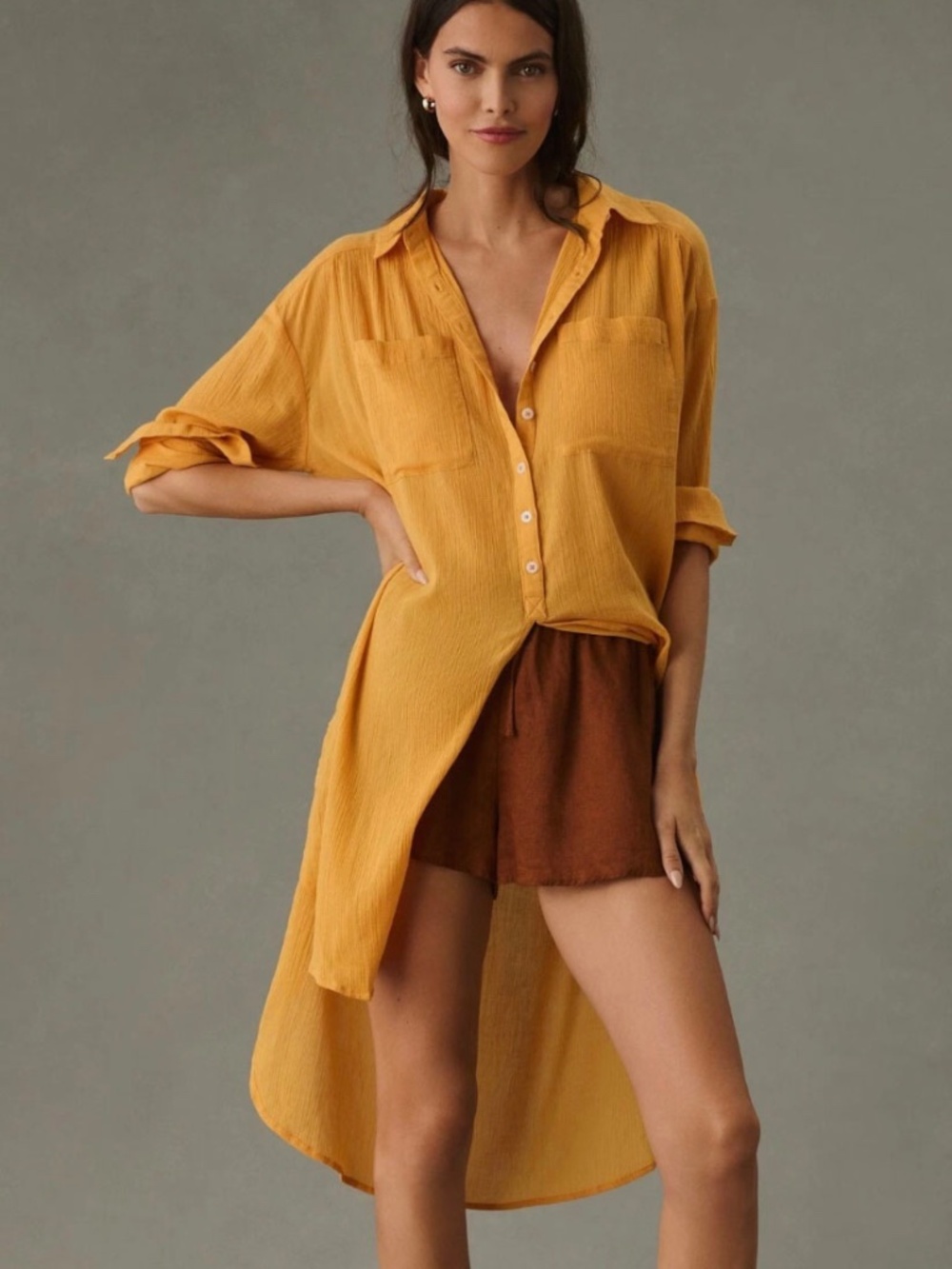 Anthropologie Textured Cotton High-Low Duster Tunic Shirt Orange. Size S.